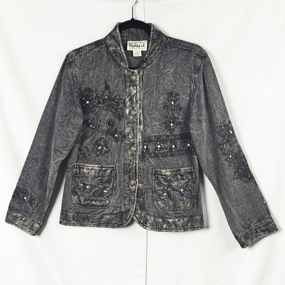 Flashback Denim Jacket Small Womens Grey Acid Wash Embroidered Rhinestone Y2K